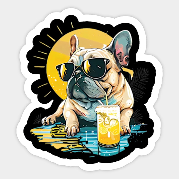 French Bulldog Clipart with Sunglasses Drinking Lemonade, Summer Vibes Sticker by MichaelStores